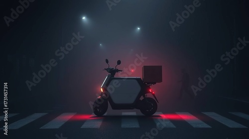 Night Delivery Scooter with Foggy Street.