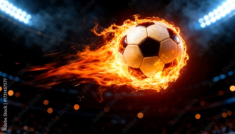 Fototapeta premium Fiery Soccer Ball Flying in Stadium with Orange Flames and Intense Lighting