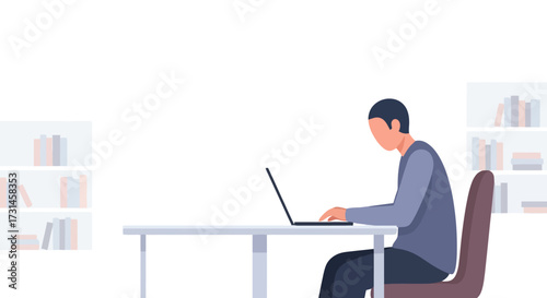 Minimalist Illustration of a Person Working on a Laptop at a Desk in a Bright, Modern Office Setting for Remote Work and Digital Productivity Solutions.