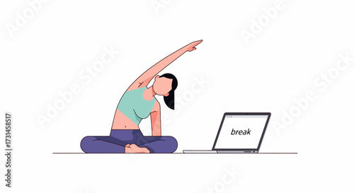 Digital Illustration of a Woman Practicing Yoga with Laptop for Online Classes, Tutorials, and Promoting Health and Wellness