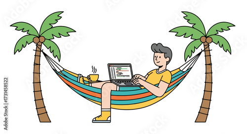 Relaxed Remote Work Illustration featuring a programmer in a Hammock with Laptop and a cup of coffee, perfect for digital nomad or flexible lifestyle campaigns.