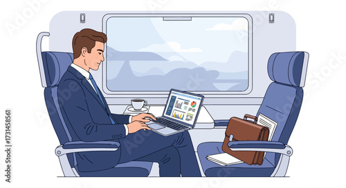 Businessman working on laptop during train journey, ideal for illustrating business travel, remote work, and modern commuting in transportation advertisements.