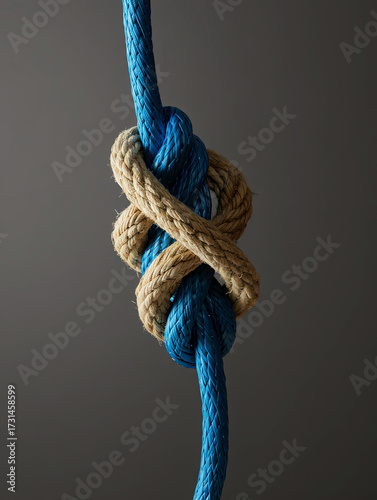 A conceptual digital illustration of a knot formed by two different ropes, symbolizing unity and connection. One rope is natural beige hemp, while the other is synthetic blue nylon. The knot is tightl