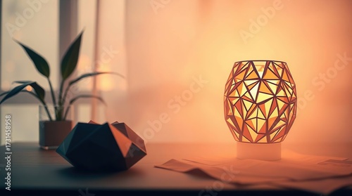 Warm Light with Geometric Lamp, and Home Decor.
