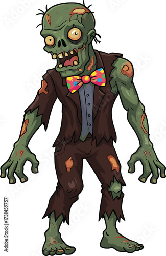 Zombie cartoon illustration, creepy undead character, scary Halloween artwork, grotesque monster design, spooky clown zombie, horror costume, green skin, tattered suit, polka dot bow tie