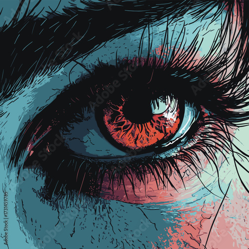 Intense closeup of a person's eye and skin, conveying emotion and detail , vector style simple color