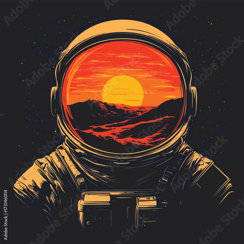 Astronaut's reflective visor capturing a vivid Martian sunset on a dark planet , vector style simple color