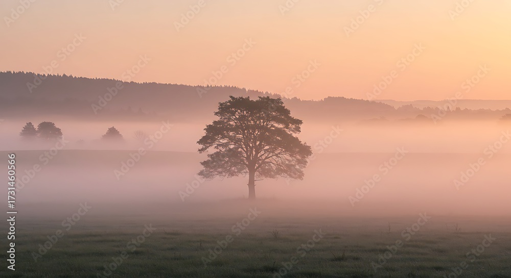 Fototapeta premium Solitary Tree Silhouetted in Misty Sunrise Over Rolling Hills