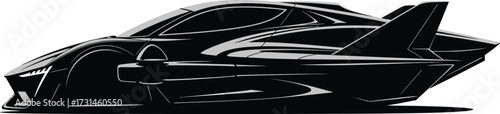Side view of a futuristic black sports car with sharp angles, aerodynamic features, and a sleek design isolated on white background