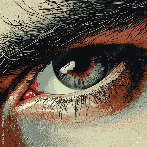 Intense closeup of a person's eye and skin, conveying emotion and detail , vector style simple color