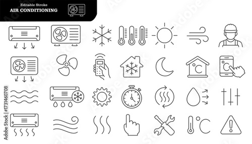 Air conditioning line icon set. Air conditioner, fan, wind, cooling and heating appliance, air cleaner, climate control, blow and more. Outline icon in linear style. Vector collection