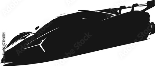 Silhouette of a highspeed black race car isolated on white background, showcasing aerodynamic design and performance features for motorsport enthusiasts and design projects