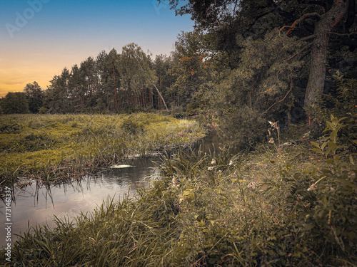 A small river and the surrounding landscape, exemplified by the Grabia River, Poland.
