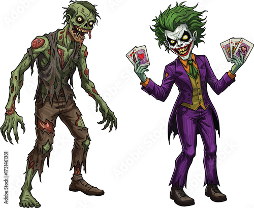 Zombie character illustration, creepy undead monster, horror cartoon artwork, Joker villain cosplay, scary Halloween design, comic book style, fantasy art