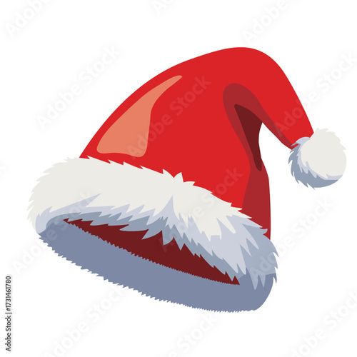 Vector illustration of a classic red Santa hat with fluffy white trim, simple and clean design, isolated on white background, flat style