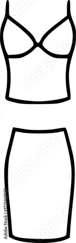 Simple black and white illustration of a women's outfit consisting of a top and skirt.