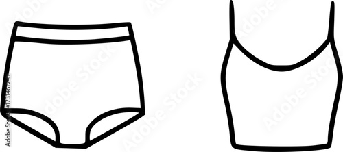 A simple black and white line drawing of a women's underwear set, featuring high-waisted panties and a camisole top.