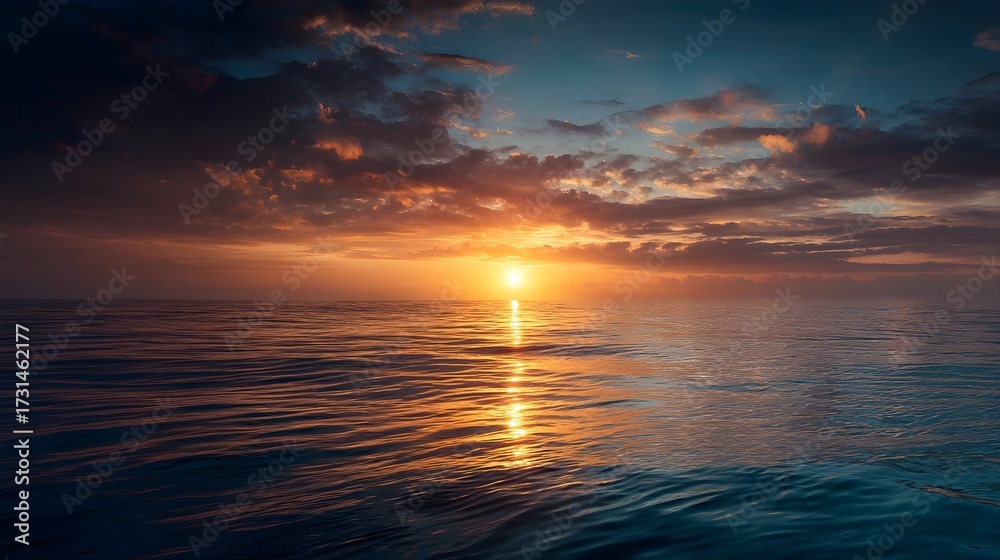 Fototapeta premium Vibrant sunset reflection on calm ocean water with dramatic clouds glowing in the sky serene nature landscape