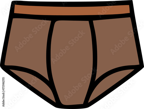 A simple cartoon illustration of a pair of brown men's briefs underwear with a thick black outline.