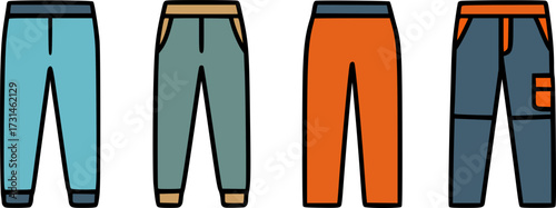 Four pairs of pants in different colors, each with a unique design and pocket configuration.