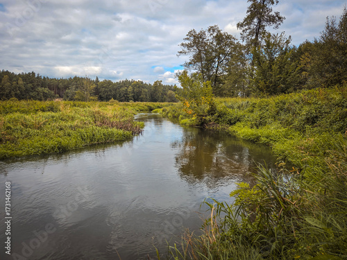 A small river and the surrounding landscape, exemplified by the Grabia River, Poland.