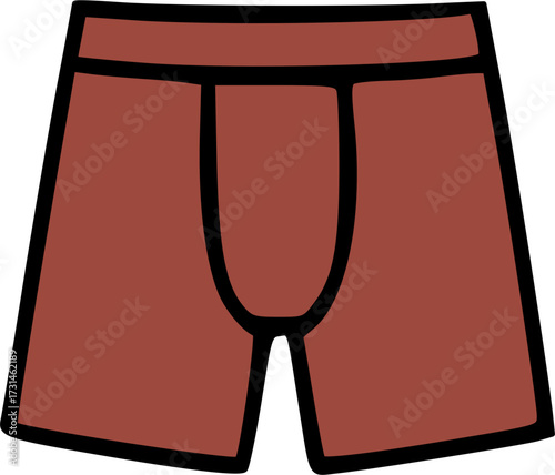 Simple cartoon illustration of a single pair of red-brown men's boxer briefs with thick black outlines on a white background.