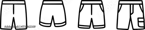 A collection of four distinct line art icons depicting various styles of shorts, including basic, athletic, pocketed, and cargo designs.