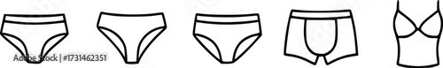 A line art illustration of various types of underwear, including briefs, boxers, and a bra top.
