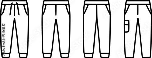 Simple black and white illustration of various trousers designs.