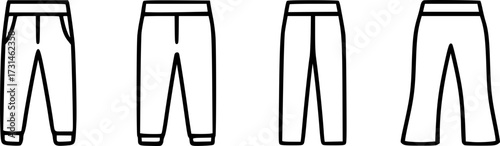 A collection of four different styles of pants icons in black and white line art.