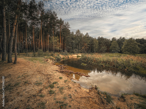 A small river and the surrounding landscape, exemplified by the Grabia River, Poland.