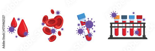 Medical test tubes with blood viruses samples. The patient's blood in pipettes for analysis. Laboratory research concept for biochemistry and viruses. Blood donation. Blood plasma with viruses. Vector