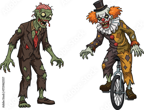 Zombie character illustration, scary undead cartoon, creepy clown zombie, horror artwork, spooky Halloween design, circus monster, green skin, unicycle riding zombie
