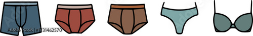 A collection of five different types of underwear, including boxer briefs, briefs, and a bra.
