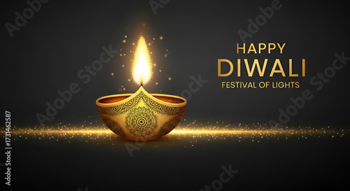 ​A Decorative Happy Diwali Design With A Luxurious Golden Diya On A Dark Background And Glowing Sparks
