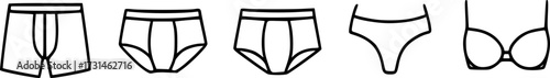 A collection of line drawings depicting various types of underwear, including boxer briefs, briefs, thongs, and a bra.