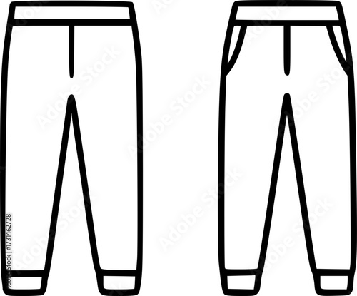 Two simple line drawings of pants, one with pockets and the other without, both with cuffs.