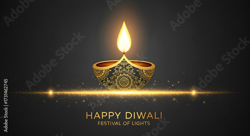 ​A Decorative Happy Diwali Design With A Luxurious Golden Diya On A Dark Background And Glowing Sparks
