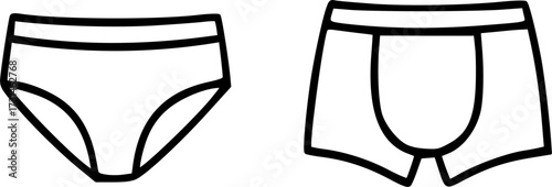 A simple line drawing depicting two types of underwear: briefs and boxer briefs.