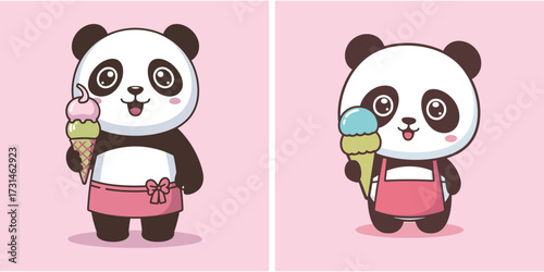 Cute cartoon panda bears with ice cream cones on pink background Illustration