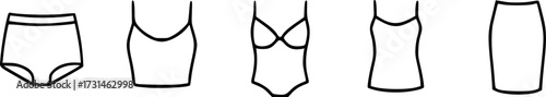 Line drawings of various swimwear and clothing items, including a bikini, tank top, and skirt.