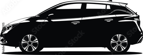 Silhouette of a modern electric hatchback car isolated on white background, showcasing its sleek design and aerodynamic features for ecofriendly transportation