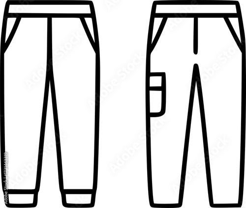 Two simple line art illustrations of pants, one front view and one side view with a pocket.