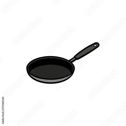 black frying pan with handle angled on white