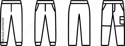 Four different styles of pants, each with a unique design and pocket configuration, displayed in a line.