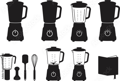 Black silhouette blender collection, modern kitchen appliance set, food preparation tools, cooking equipment illustration, household electronic mixer, isolated vector design