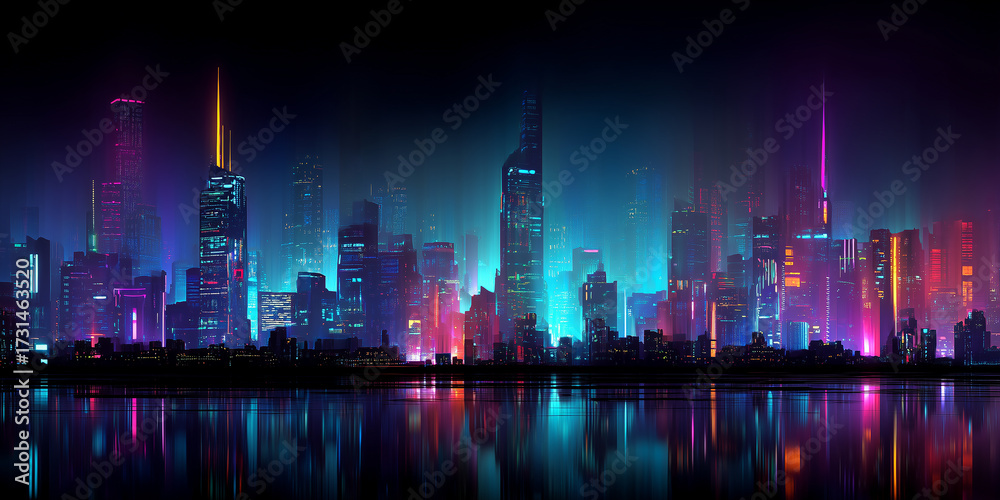 Fototapeta premium futuristic city skyline glowing with neon lights at night