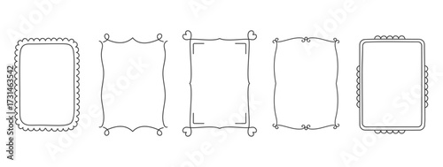 Five hand drawn frames with hearts, curls and decorative border elements