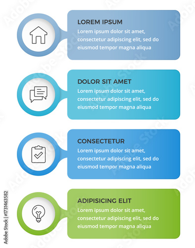Modern step by step infographic template with four elements with icons and text blocks