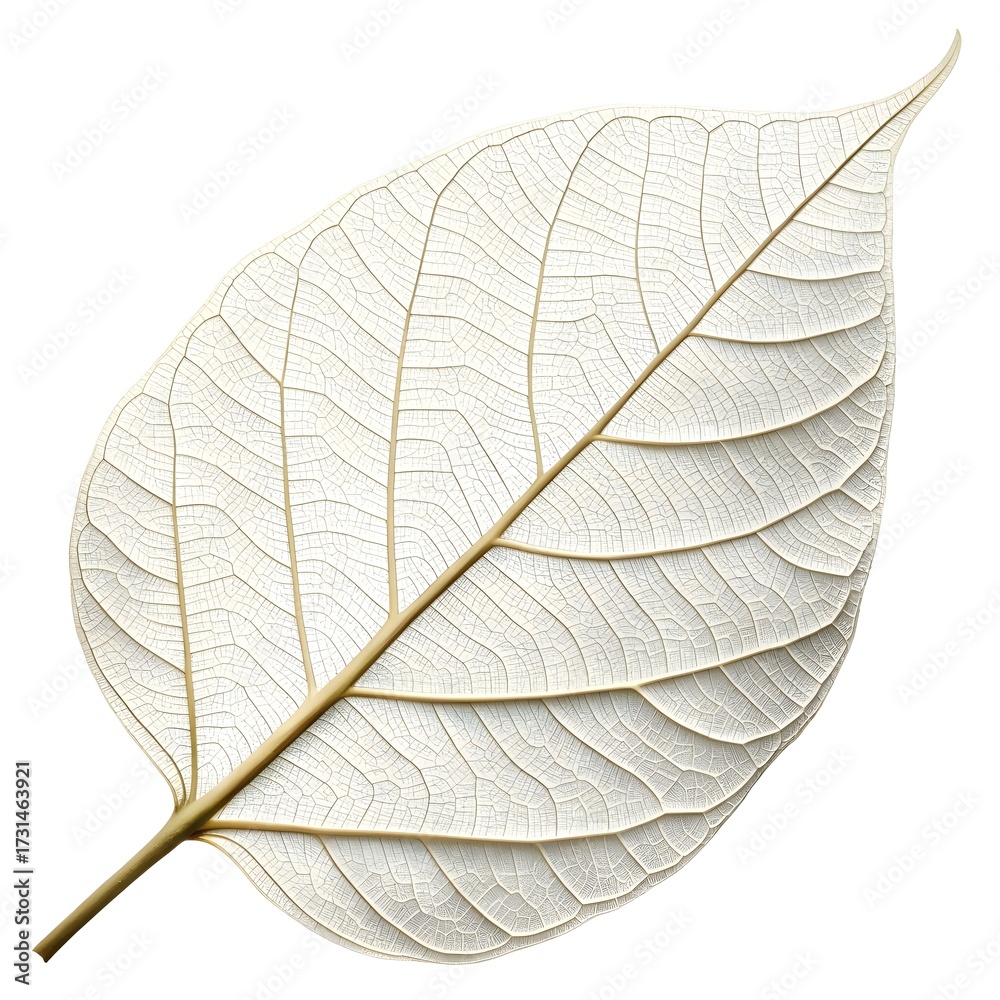 Obraz premium White Figwood Leaf Unique Tropical Foliage with Soft Pale Green to White Tones and Distinctive Veining Highlighted in Elegant Minimalist Botanical Still Life on White Background